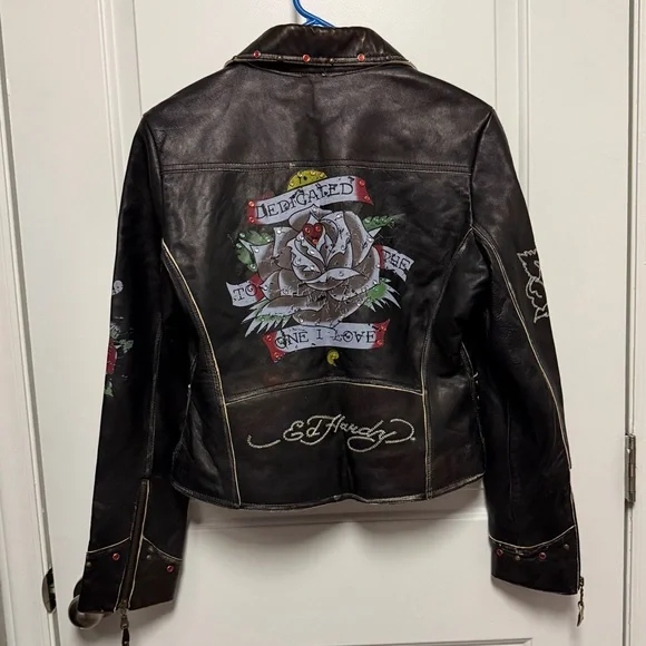 Ed Hardy Black Leather VINTAGE Embroidered Studded Biker Jacket - Picture 2 of 3